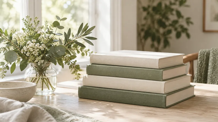 A stack of cream and sage hardcover books beside a vase of greenery