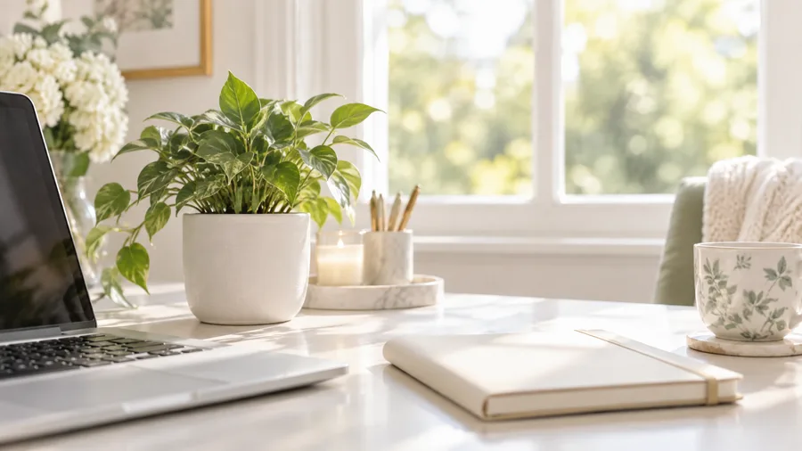 A bright desk with a laptop, cream notebook and potted plant by a window
