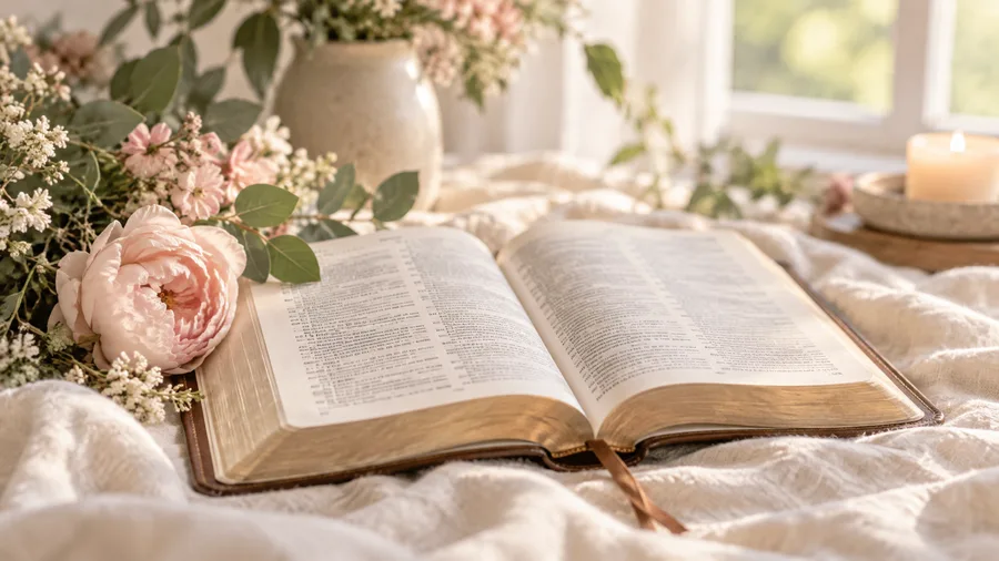 An open Bible resting on cream linen beside blush peonies and greenery