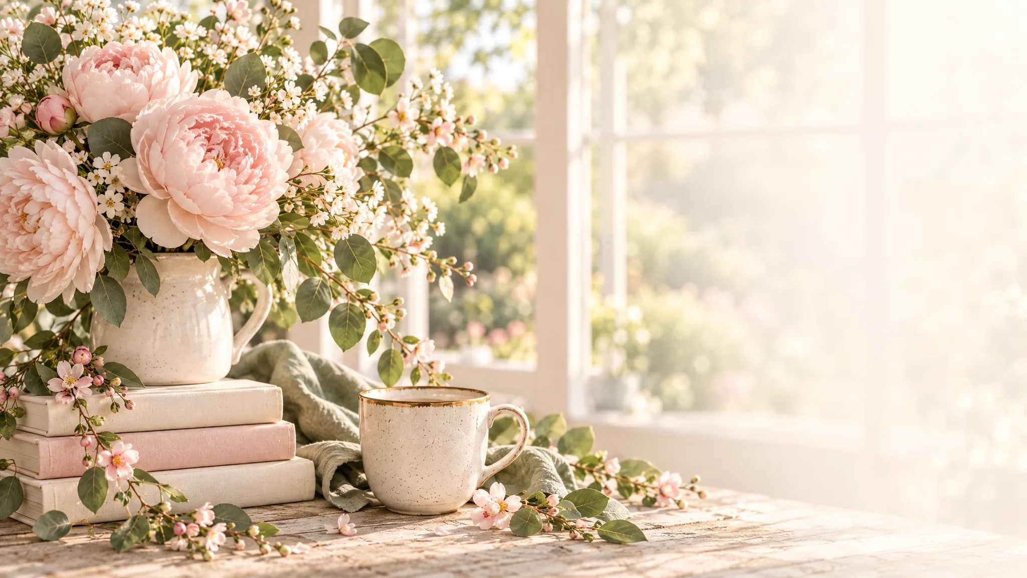 Blush peonies and eucalyptus in a cream pitcher beside a stack of books and a speckled mug by a sunlit window